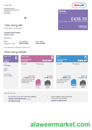 United Kingdom Npower business utility bill template in Word and PDF formats
